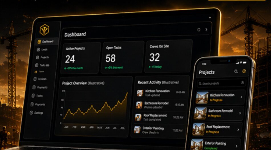 BeEasy OS dashboard shown on laptop and mobile over a construction job site